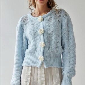 Light Blue Knit Sweater with Floral Buttons